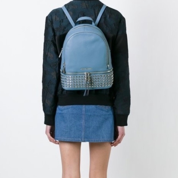 Michael Kors Small Rhea Zip Stud Backpack Prussian Blue - Picture 11 of 12